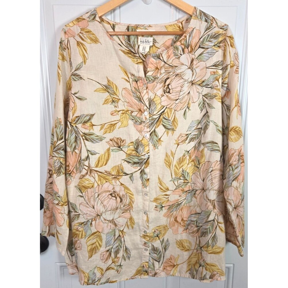 Nicole Miller Plus Size Floral Linen Long Sleeve Button-Up Top Size 1X